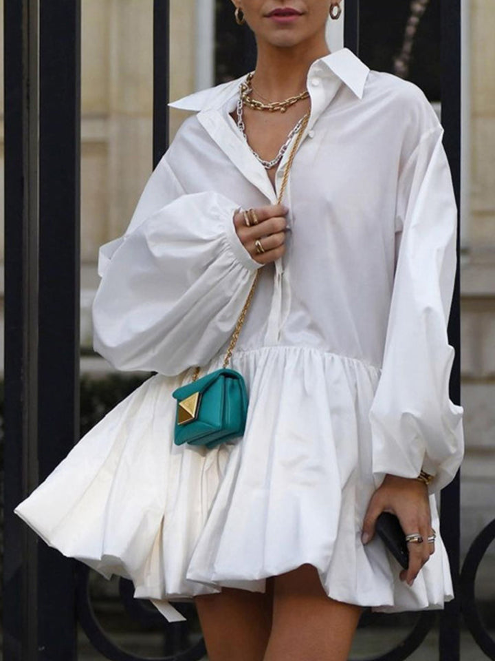 Robe Mini Patte de Boutonnage à Manches Longues Plissées et Col Polo