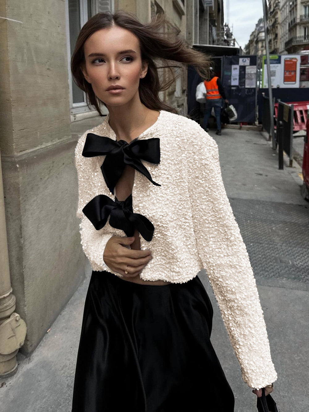 Veste à nœud décoratif en velours à paillettes
