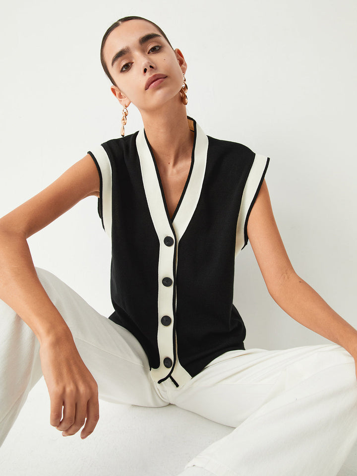 Gilet Pull Sans Manches à Garniture Contrastante