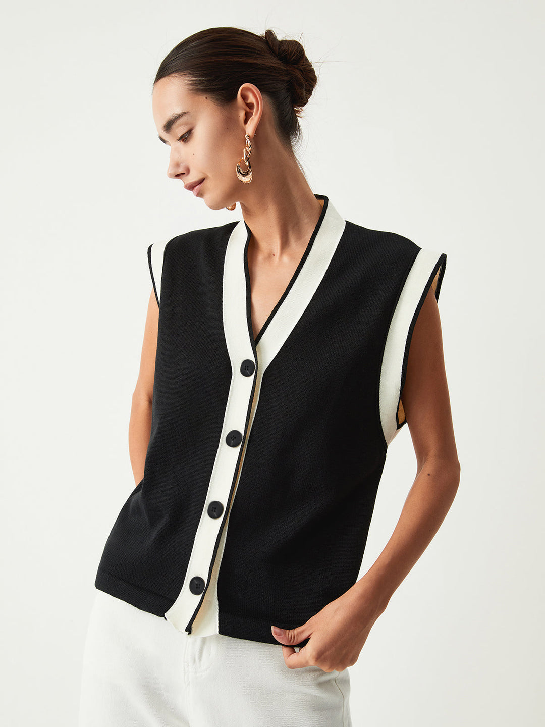 Gilet Pull Sans Manches à Garniture Contrastante