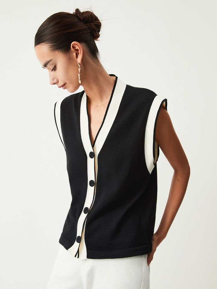 Gilet Pull Sans Manches à Garniture Contrastante