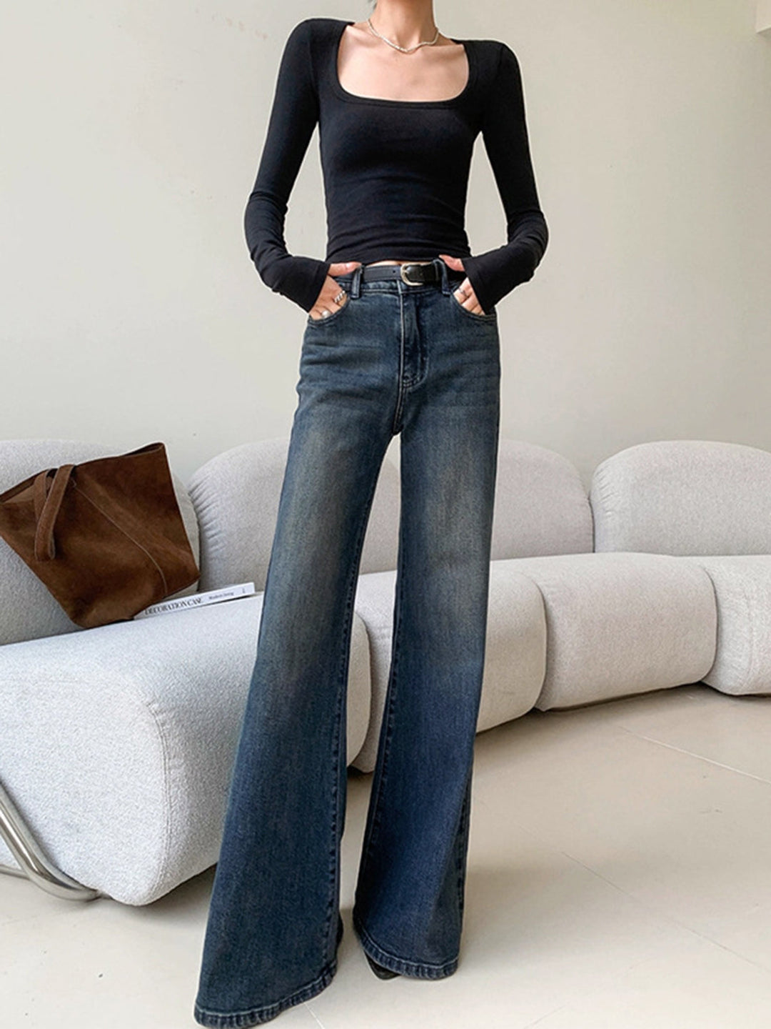 Jeans Larges Vintage Délavés Taille Basse