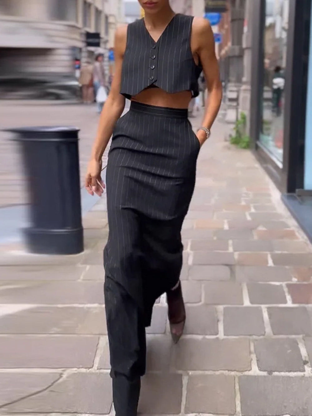 Ensemble jupe crop à rayures boutonnée deux pièces