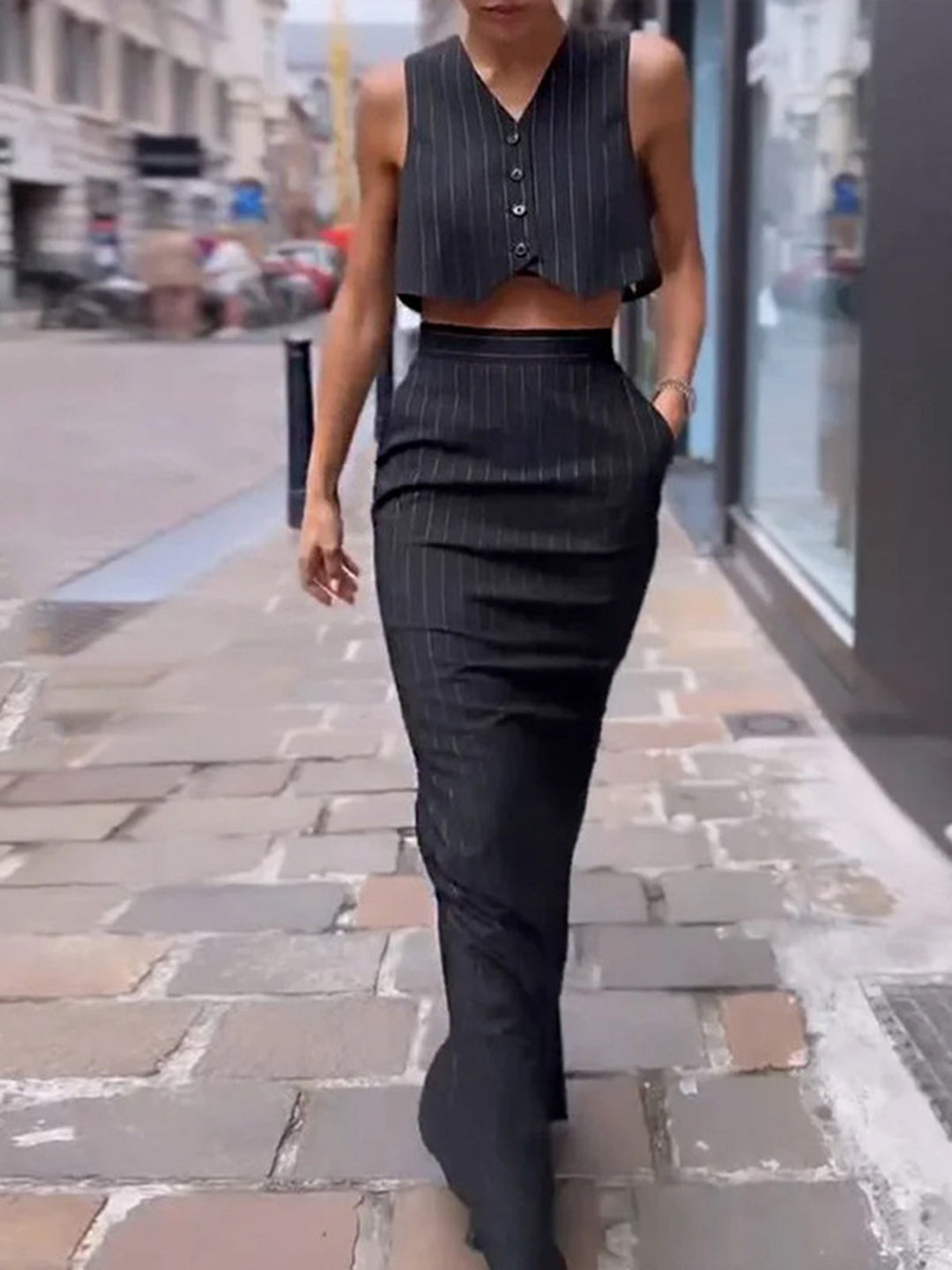 Ensemble jupe crop à rayures boutonnée deux pièces