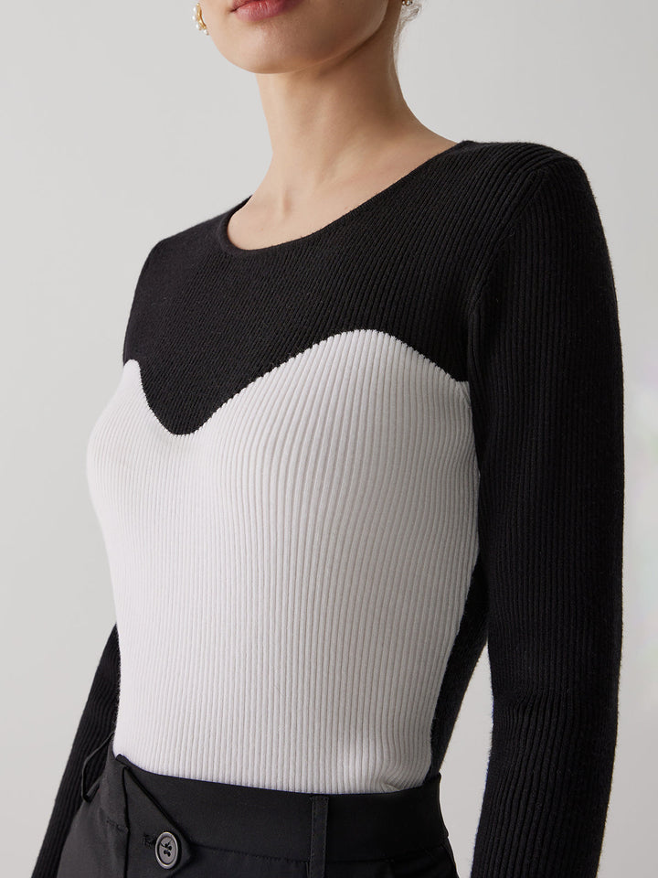 Pull en tricot à col rond contrasté patchwork