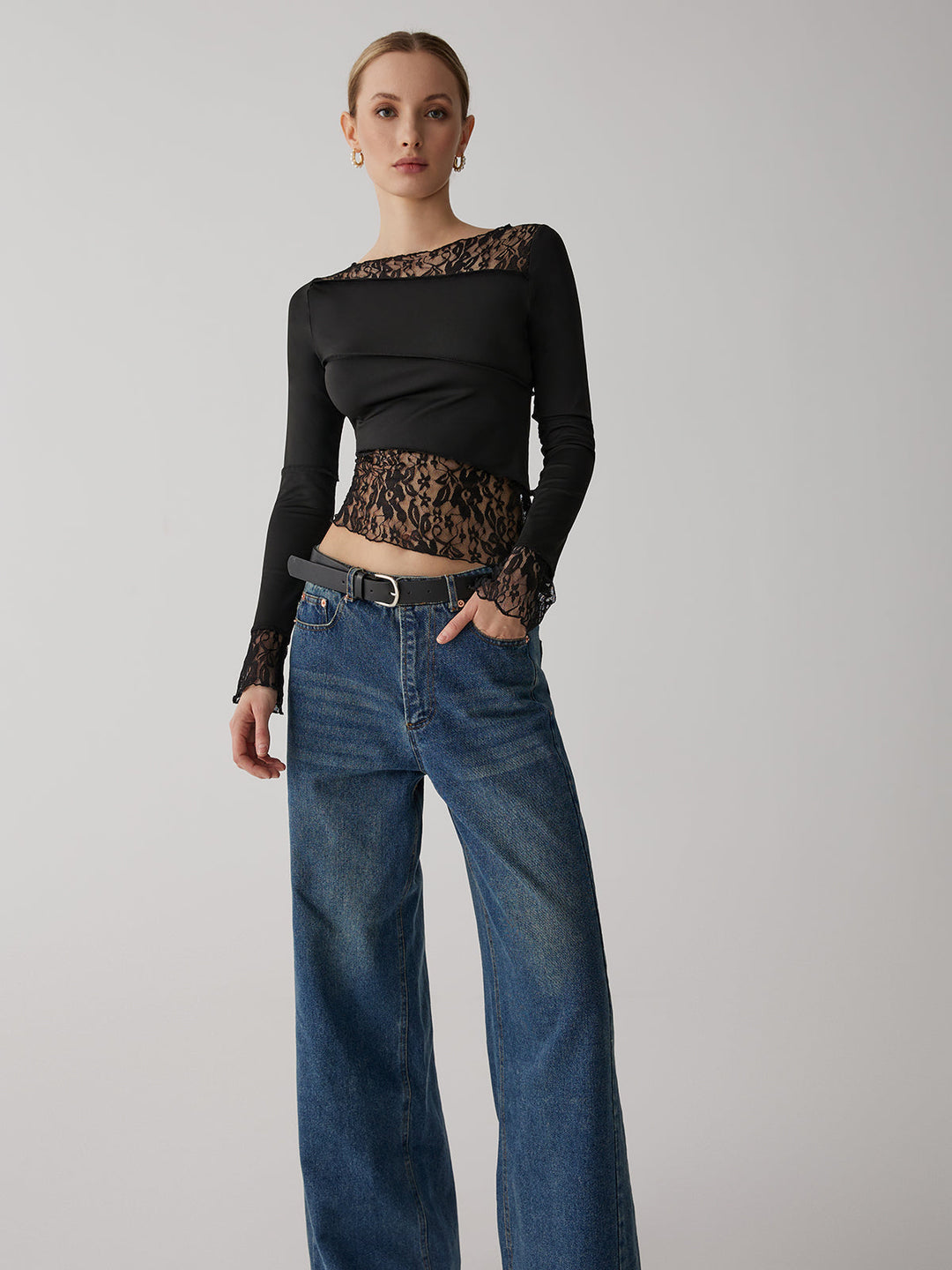 Haut Manches Longues en Dentelle Patchwork Uni