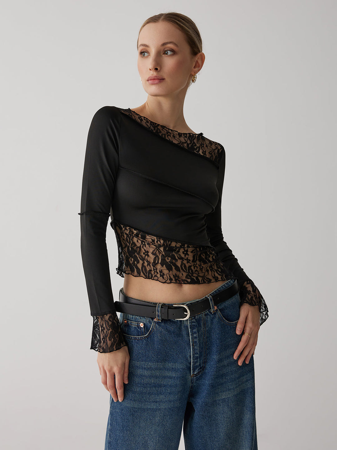 Haut Manches Longues en Dentelle Patchwork Uni