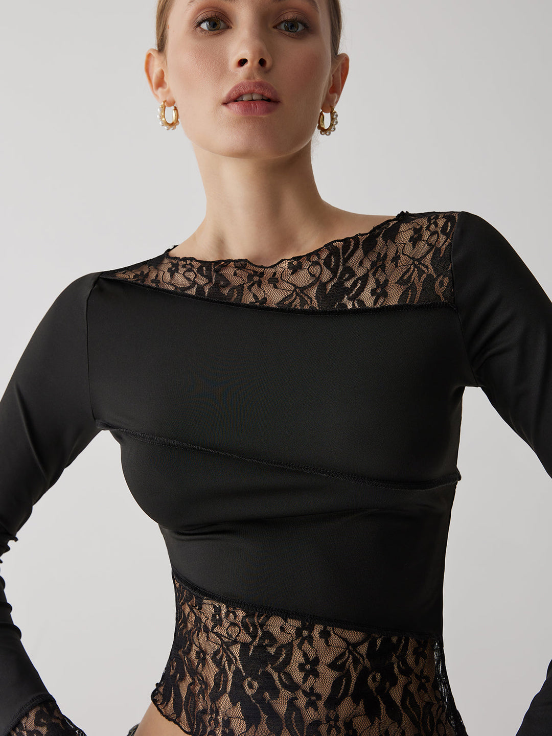 Haut Manches Longues en Dentelle Patchwork Uni