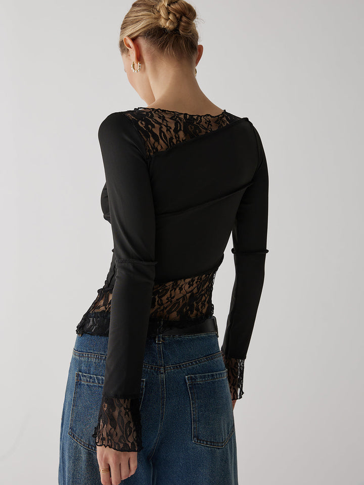 Haut Manches Longues en Dentelle Patchwork Uni