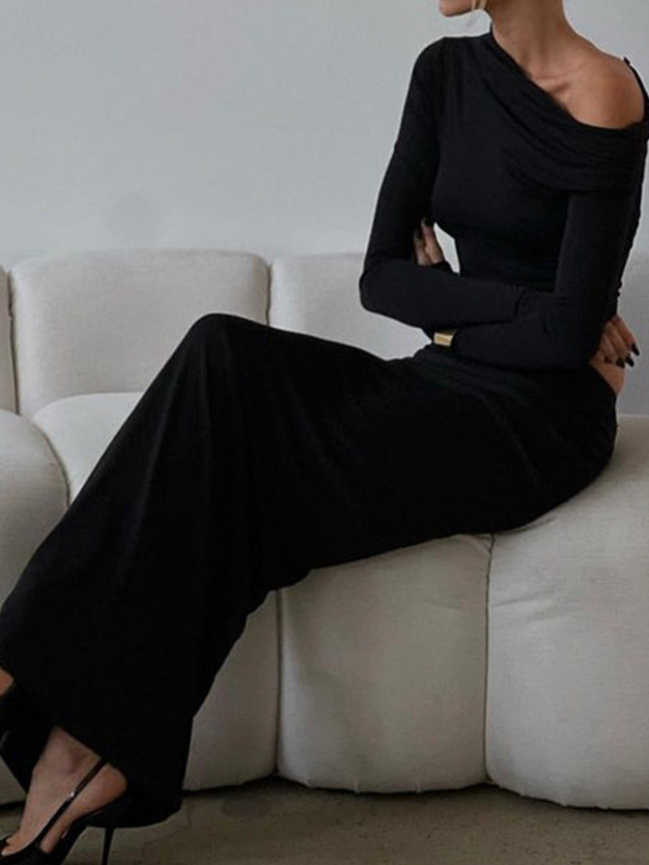 Ensemble Jupe Maxi Une Épaule Devant Bleu Marine