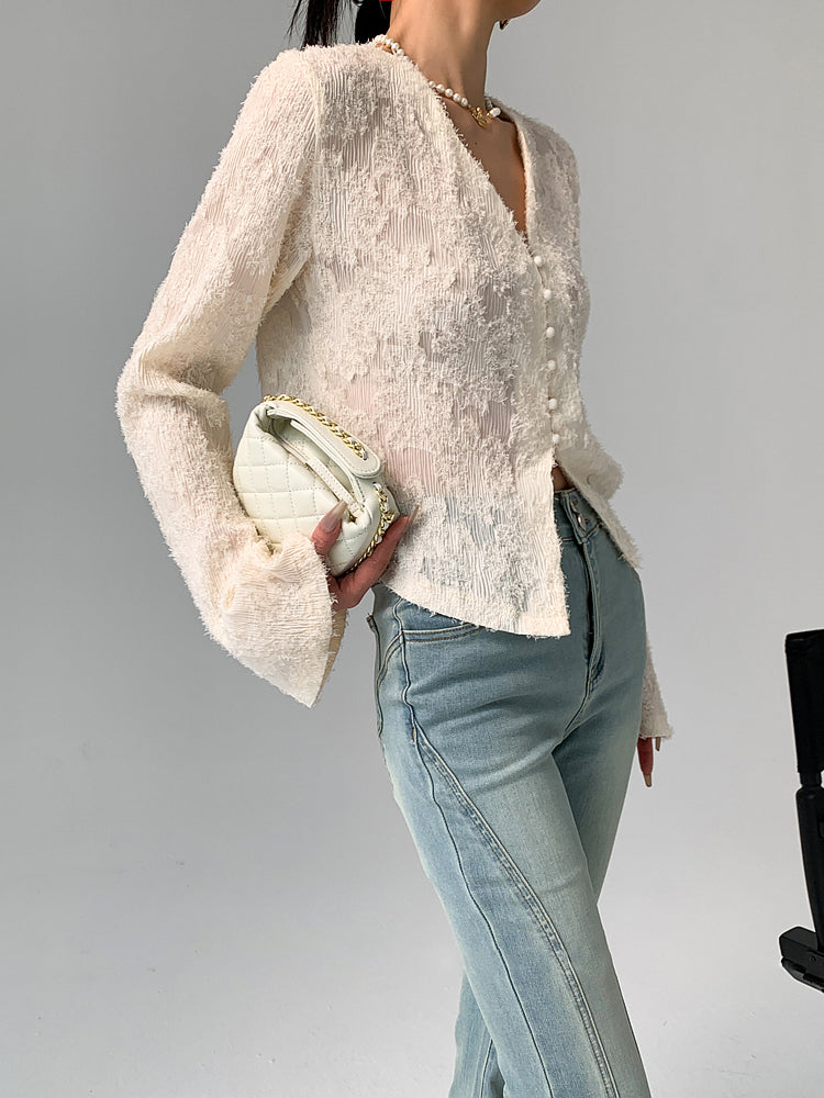 Blouse Longue à Manches Volants et Col en V Semi-Transparente