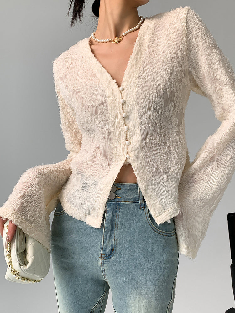 Blouse Longue à Manches Volants et Col en V Semi-Transparente