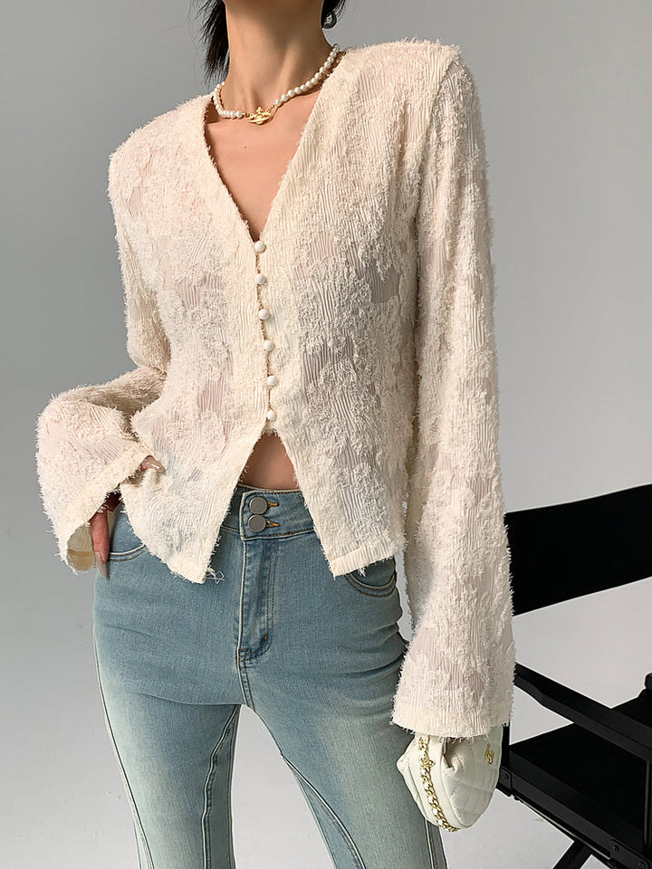 Blouse Longue à Manches Volants et Col en V Semi-Transparente