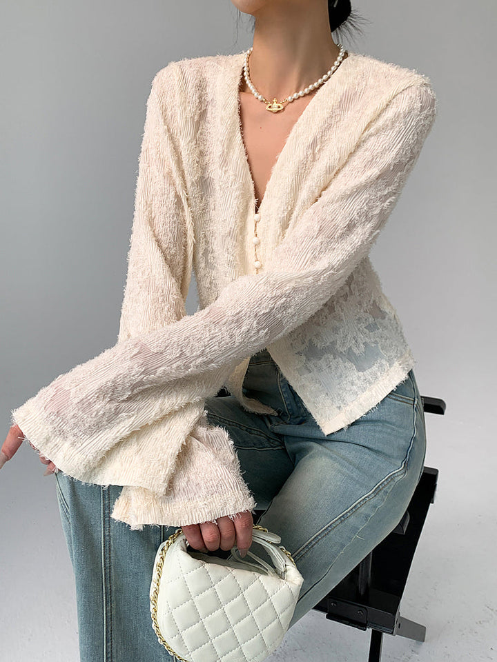 Blouse Longue à Manches Volants et Col en V Semi-Transparente