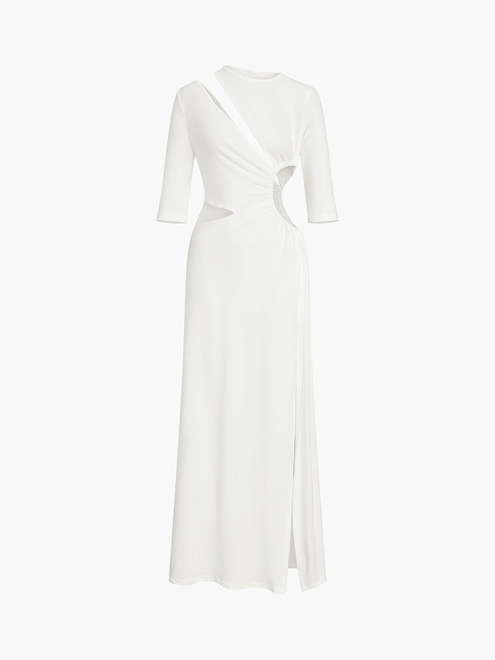 Robe Longue Tricotée Dénudée Ruchée