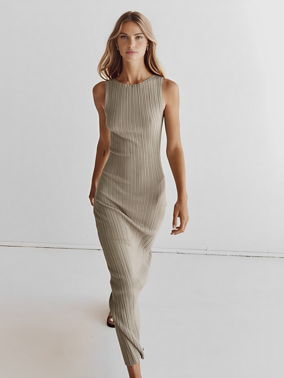 Robe Longue Tricotée Sans Manches Lainée
