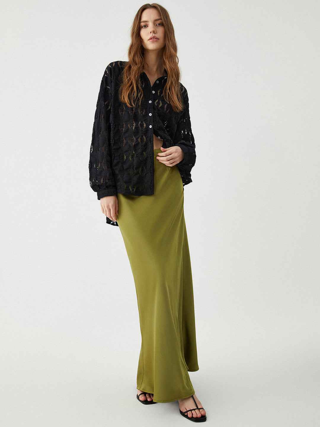 Chemise Boutonnée à Fleurs Semi-Transparente en Dentelle