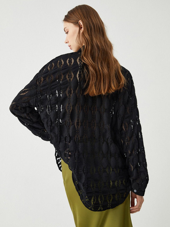 Chemise Boutonnée à Fleurs Semi-Transparente en Dentelle