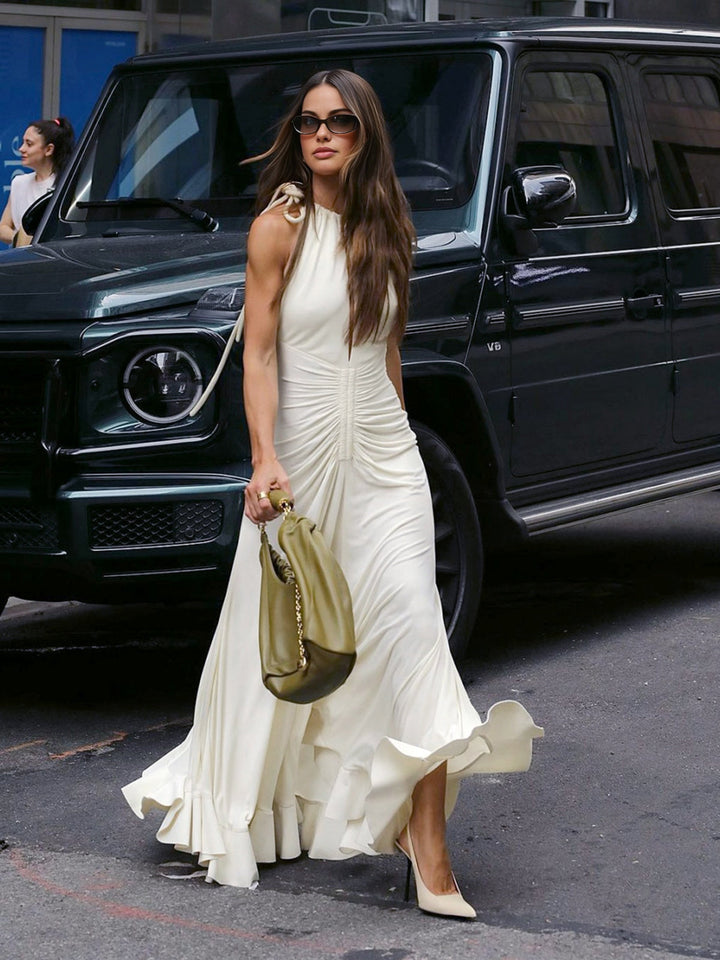 Robe Longue Plissée à Lacets et Col Ras du Cou