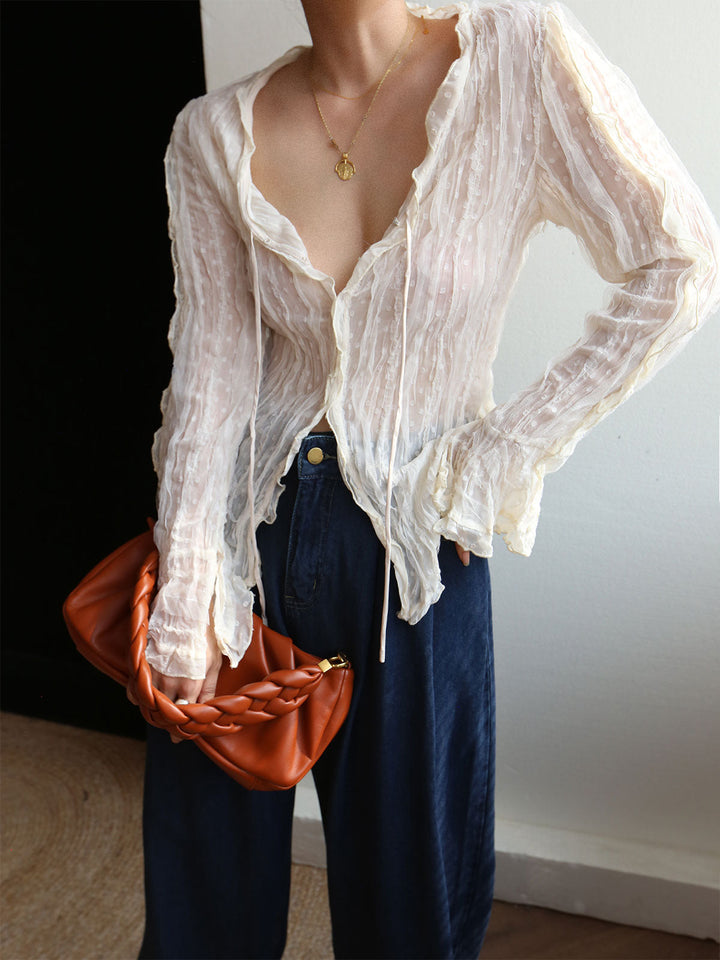 Blouse Manches Longues en Mousseline à Bordure Laitue