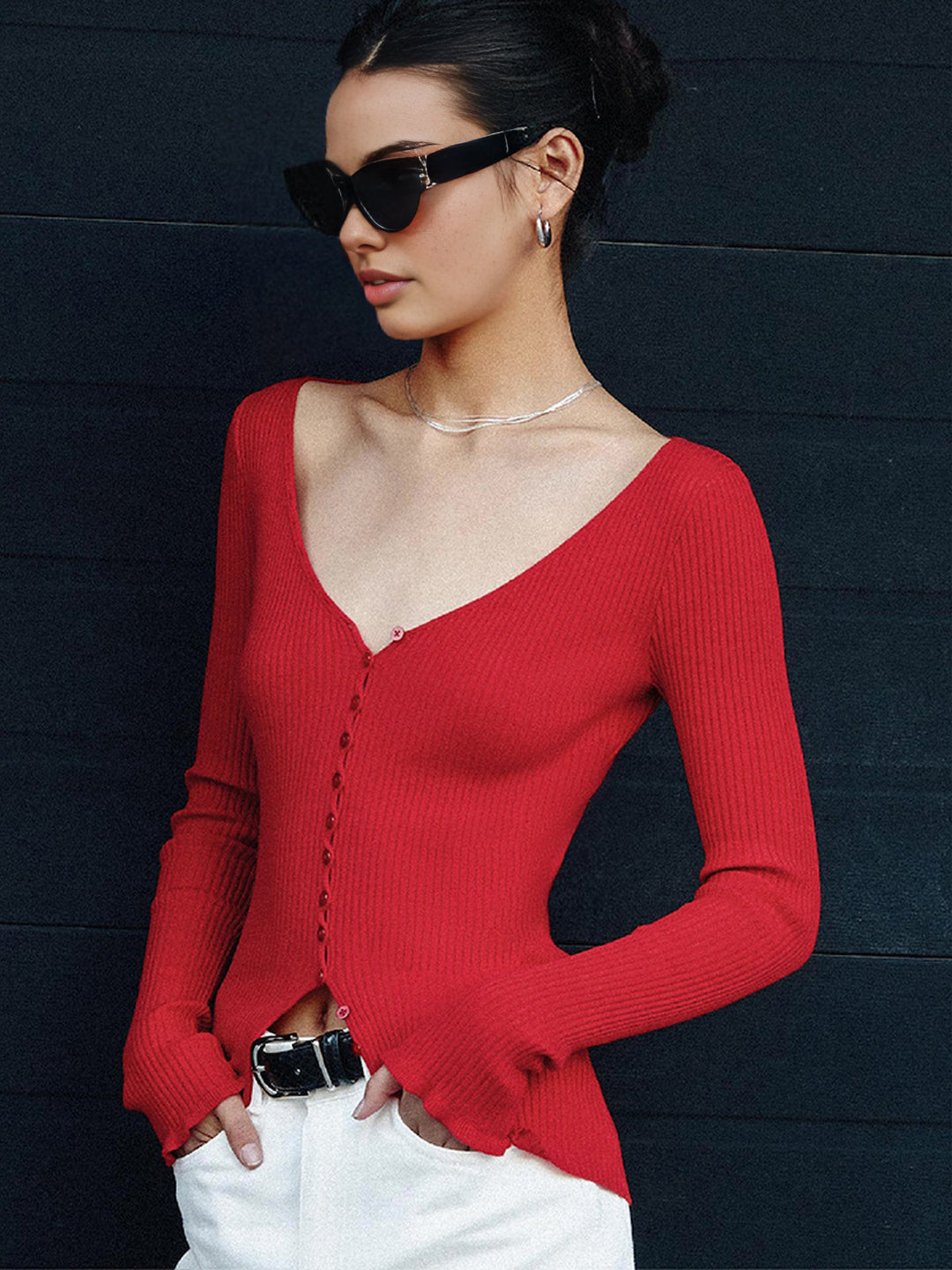 Cardigan en tricot à col en V et boutonnée
