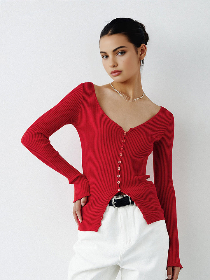 Cardigan en tricot à col en V et boutonnée