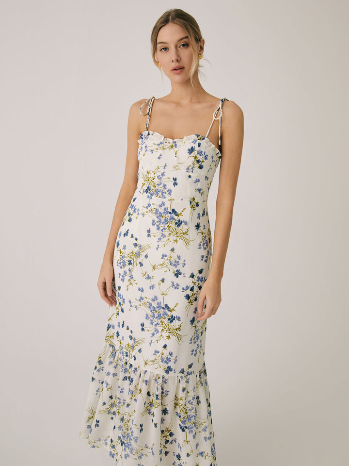 Robe Longue Cami Fleurie à Volants