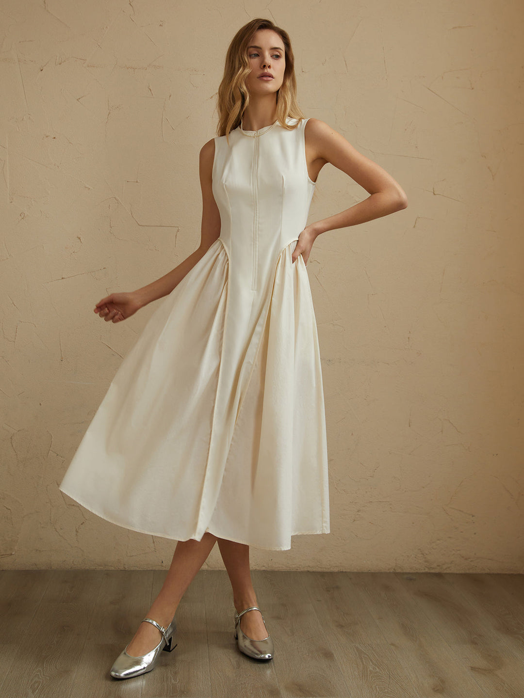 Robe Mi-longue Sans Manches à Poches Plissées