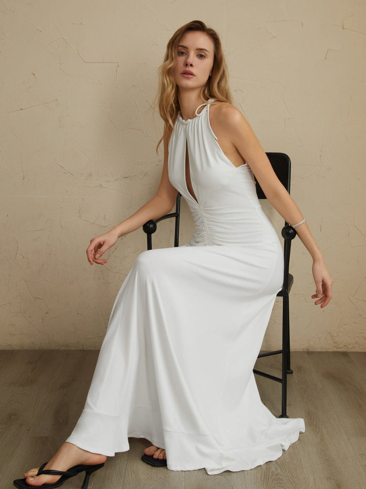 Robe Longue Plissée à Lacets et Col Ras du Cou