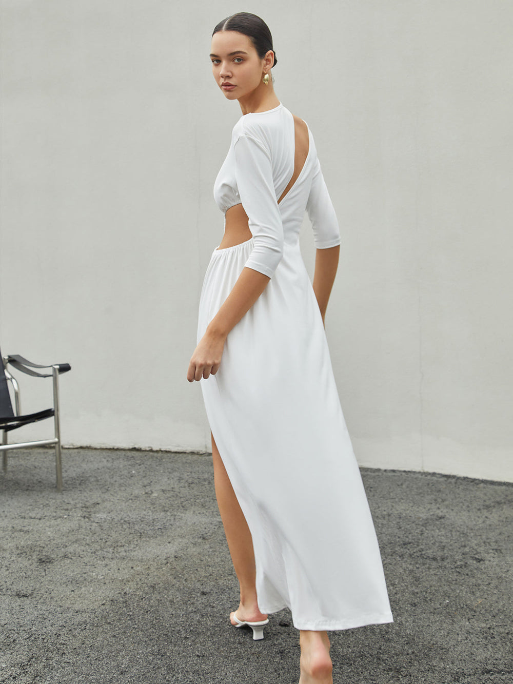 Robe Longue Tricotée Dénudée Ruchée