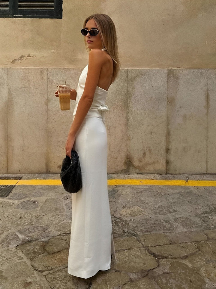 Ensemble Jupe Maxi Dos Nu à Col en V et Fente avec Cravate