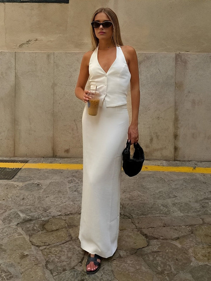 Ensemble Jupe Maxi Dos Nu à Col en V et Fente avec Cravate