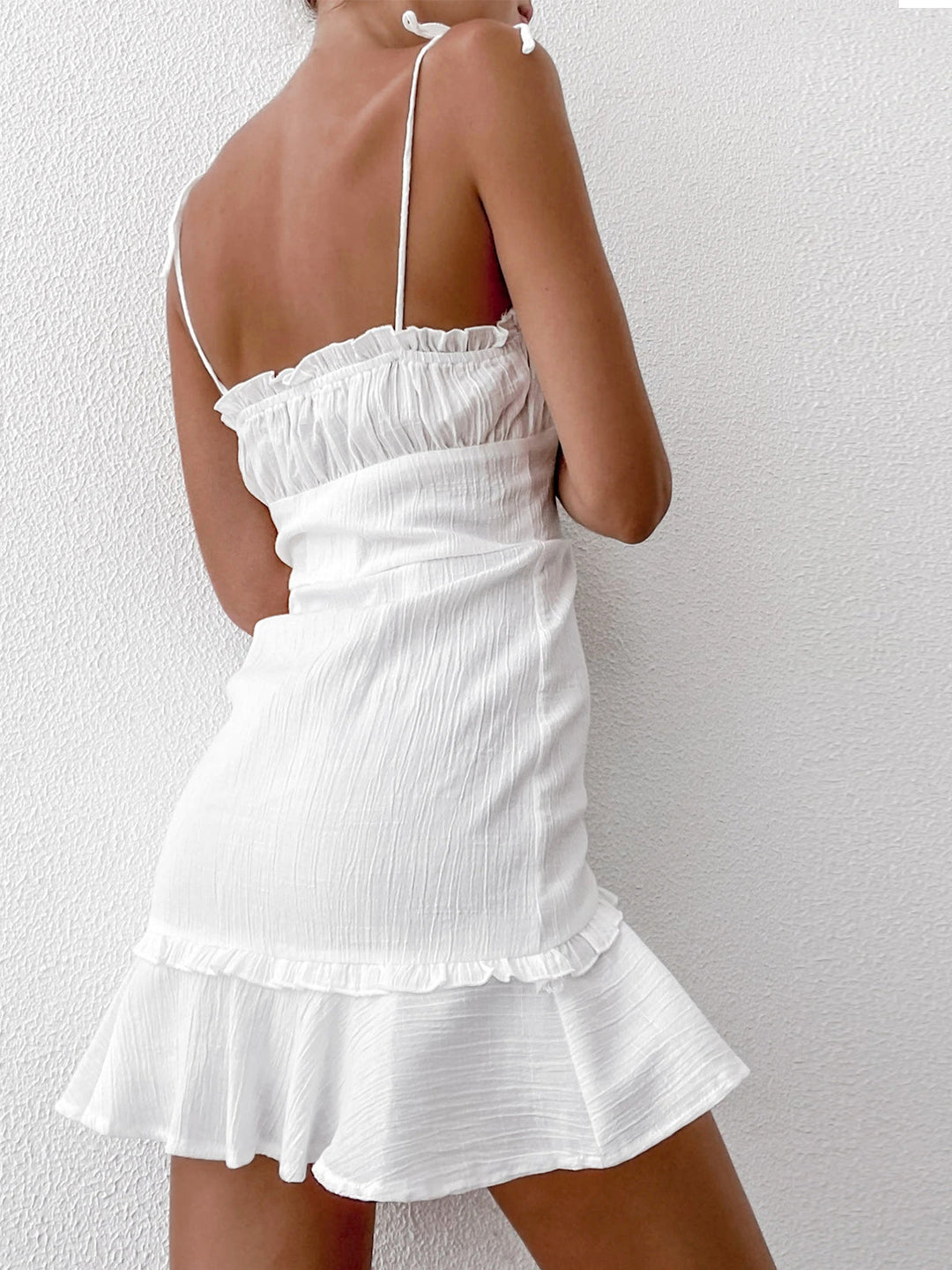Robe Courte Moulante à Bretelles et Volants Sexy en Col V