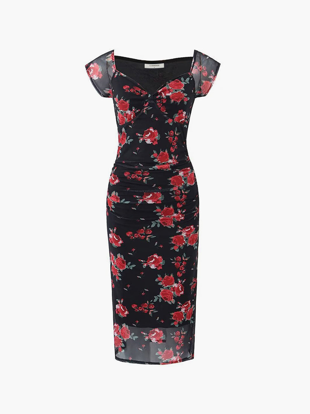 Robe Mi-Longue Fleurie Semi-Transparente à Découpe Latérale