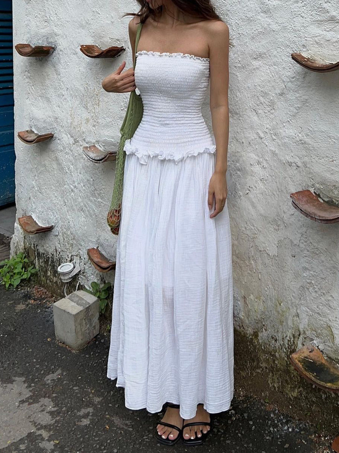 Robe Longue Bandeau Froncée en Mélange Coton
