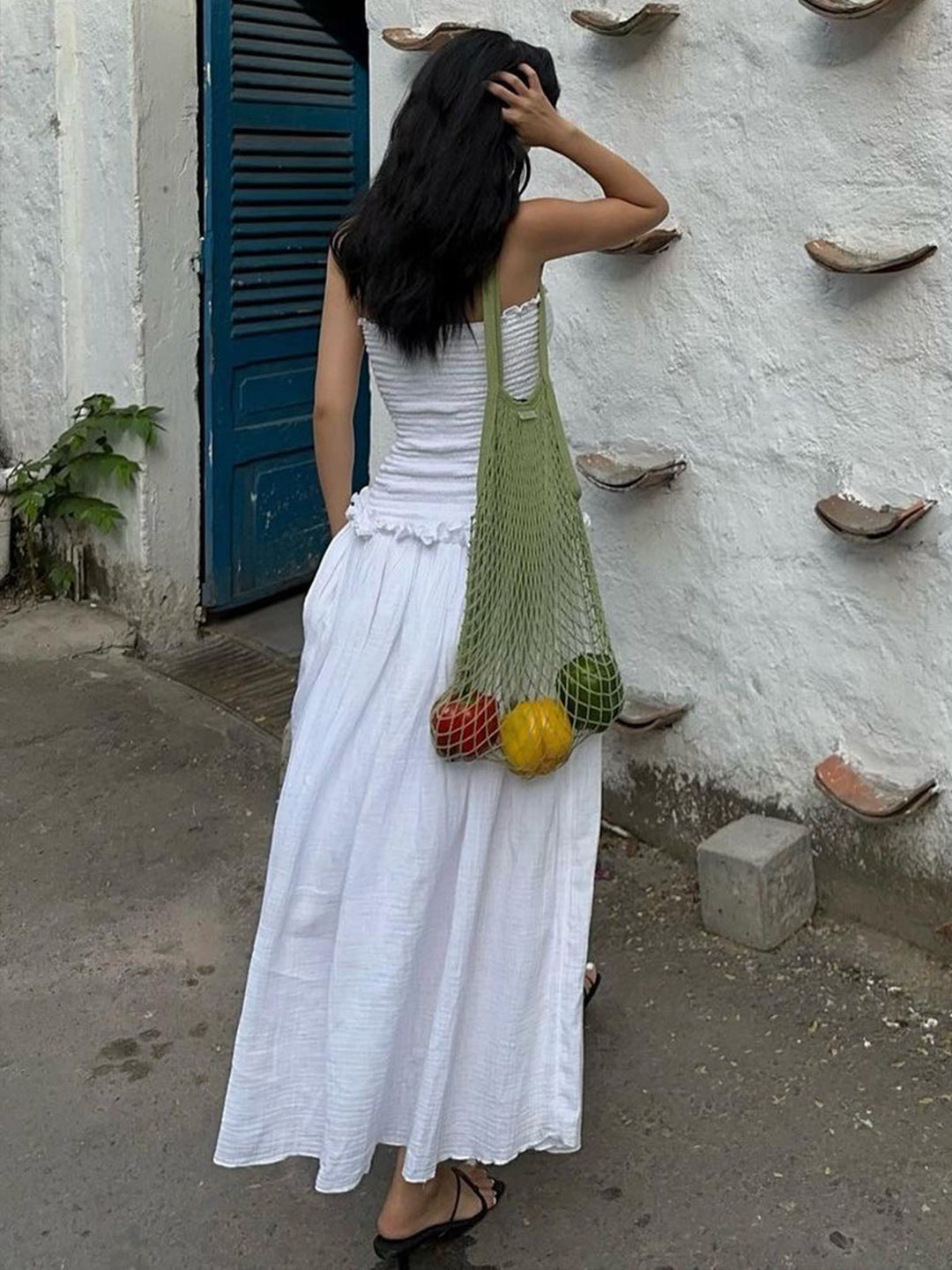 Robe Longue Bandeau Froncée en Mélange Coton