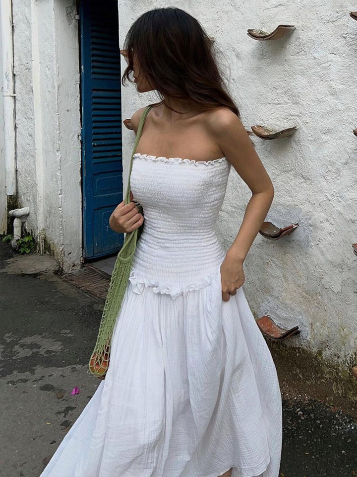 Robe Longue Bandeau Froncée en Mélange Coton