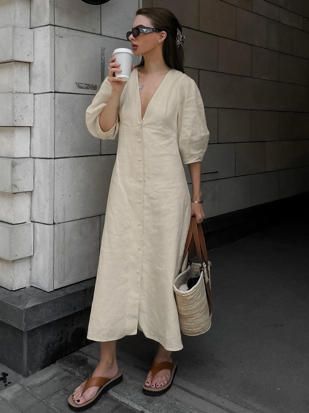 Robe longue boutonnée en coton et lin