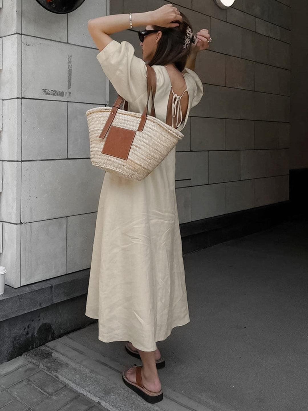 Robe longue boutonnée en coton et lin