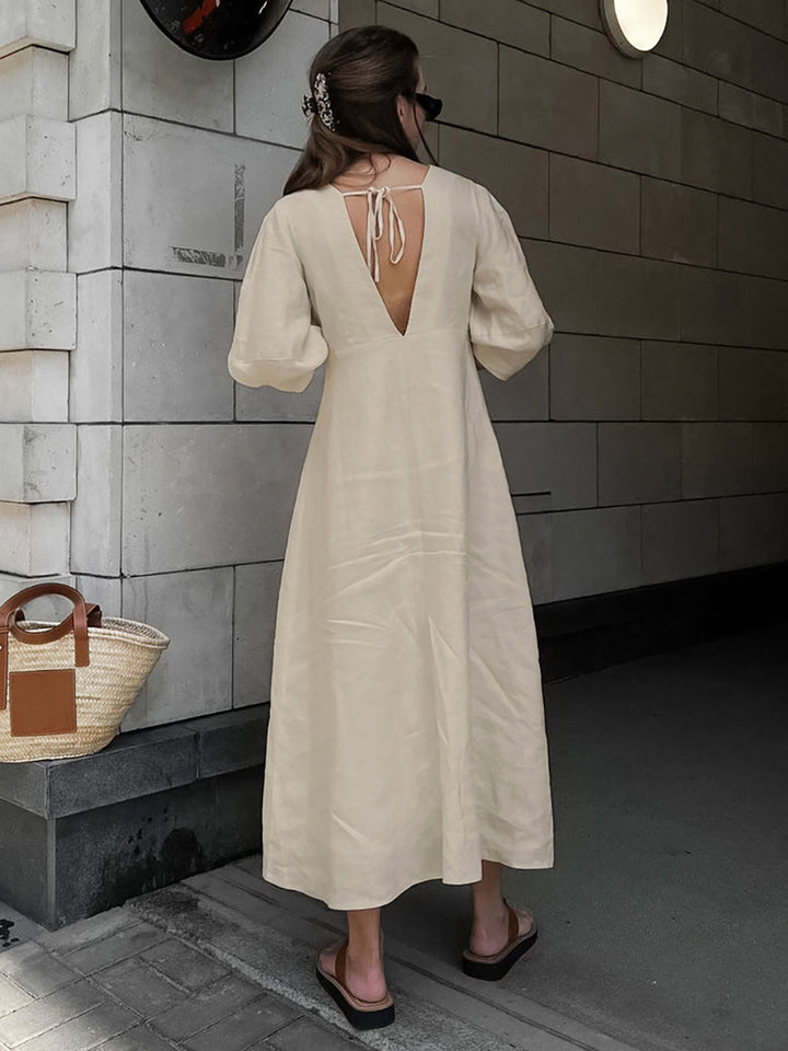 Robe longue boutonnée en coton et lin