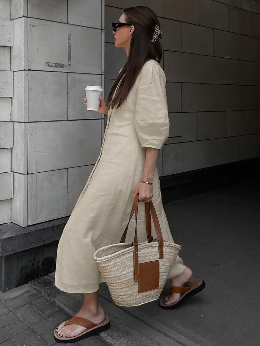 Robe longue boutonnée en coton et lin