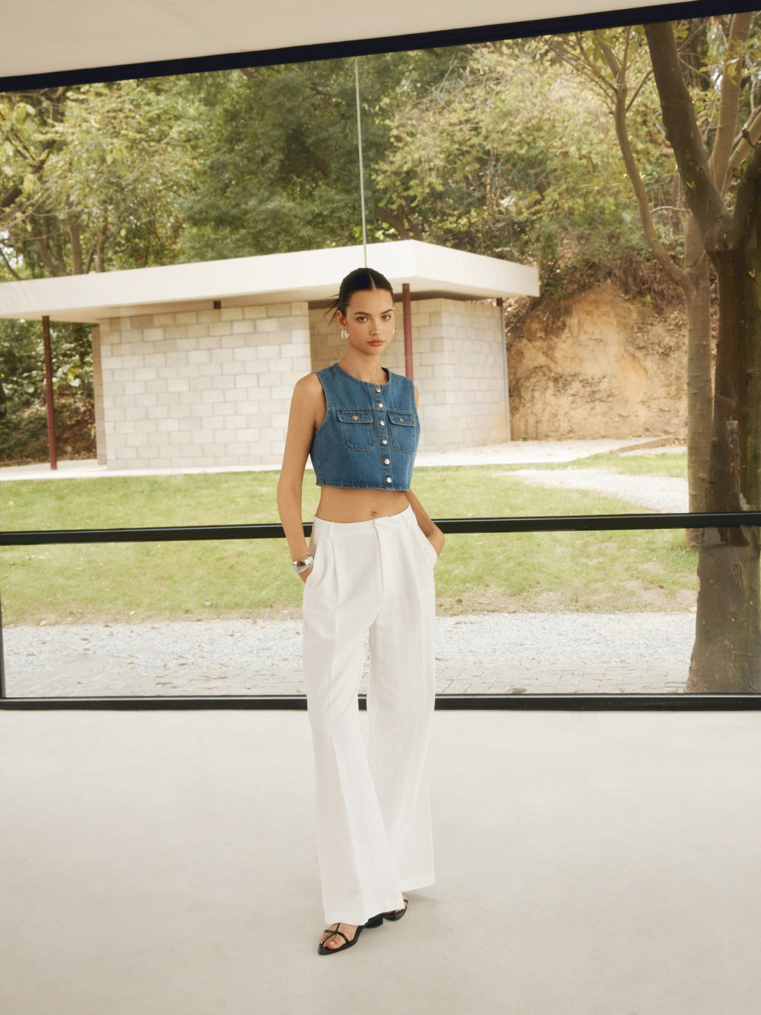 Top en jean à double poche boutonnée