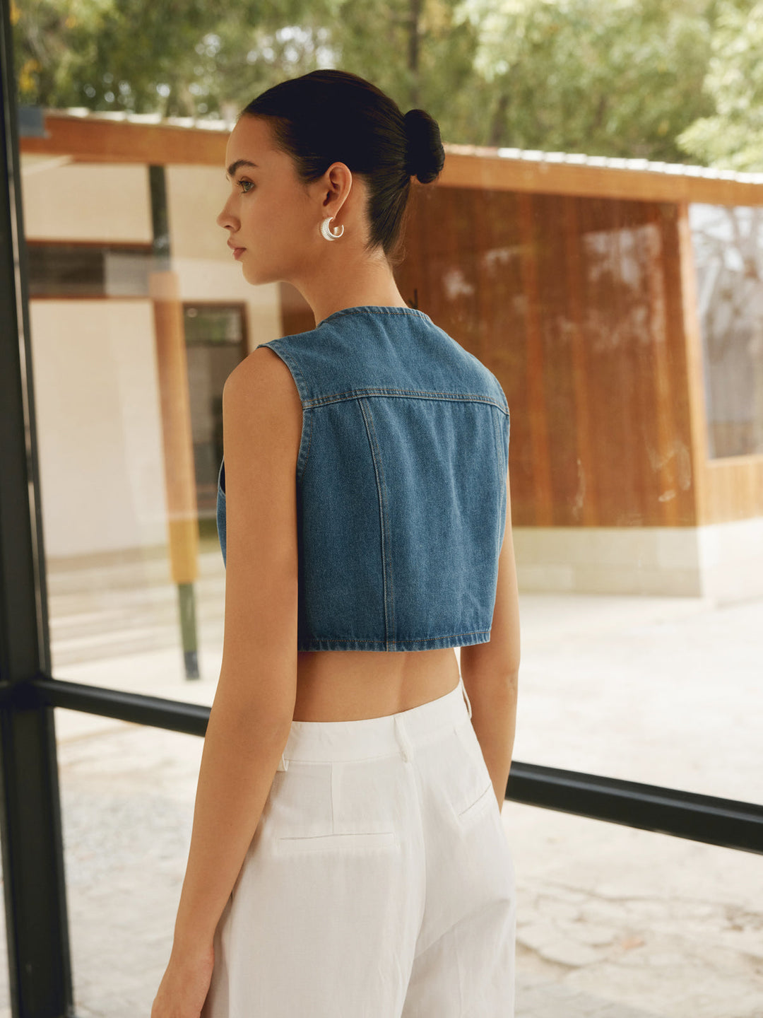 Top en jean à double poche boutonnée