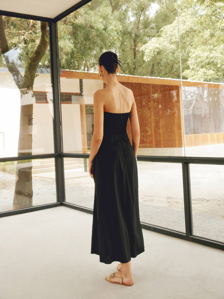 Robe Longue Tube Basique en Mélange de Lin avec Poches