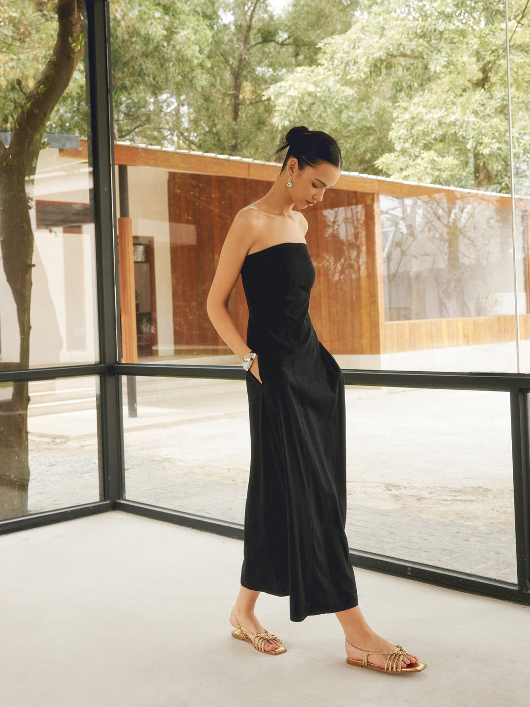 Robe Longue Tube Basique en Mélange de Lin avec Poches