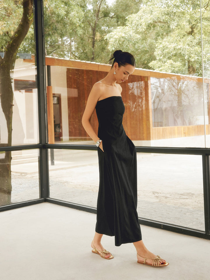 Robe Longue Tube Basique en Mélange de Lin avec Poches