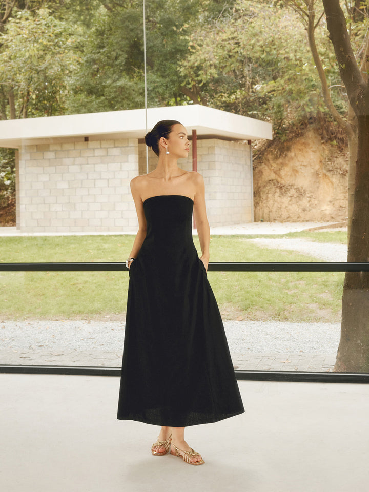 Robe Longue Tube Basique en Mélange de Lin avec Poches