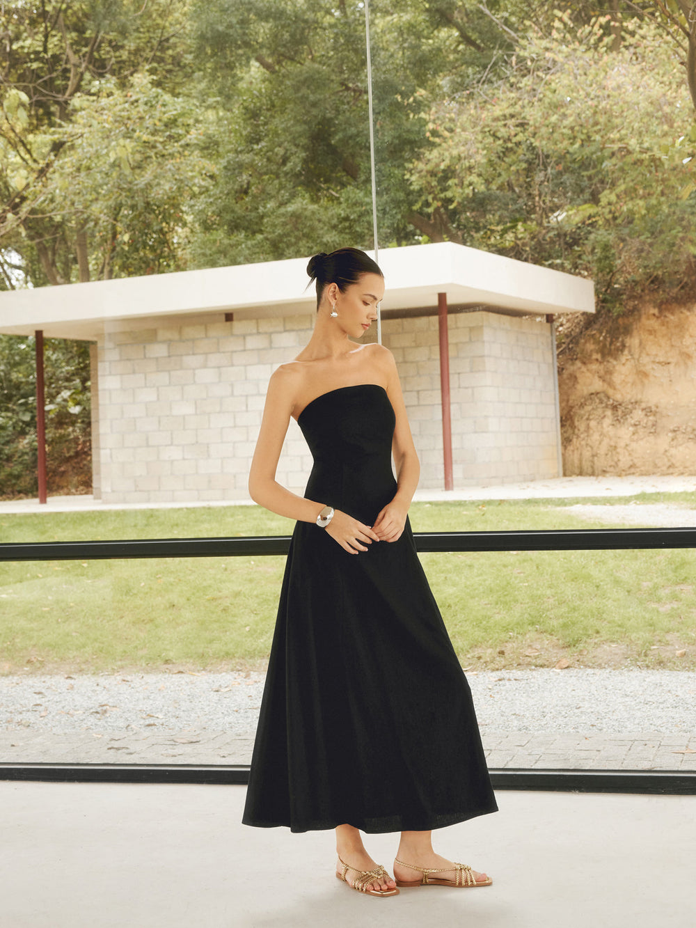 Robe Longue Tube Basique en Mélange de Lin avec Poches