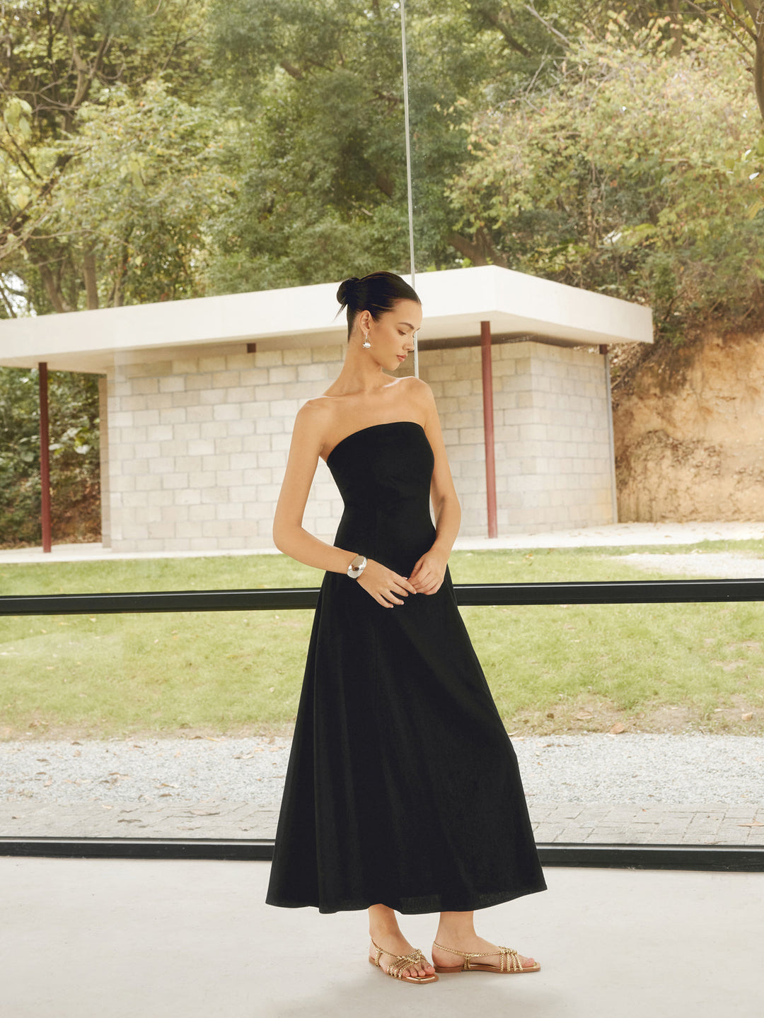 Robe Longue Tube Basique en Mélange de Lin avec Poches