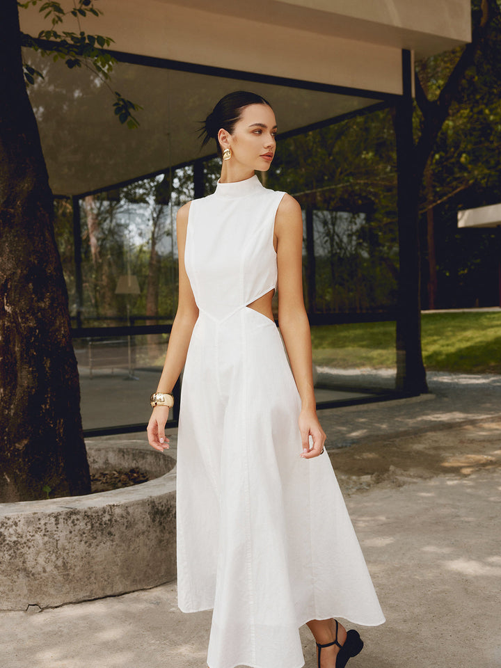 Robe Longue Élégante Découpée en Coton et Lin